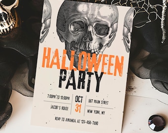 Vintage Skull Halloween Invitation Template, Editable Costume Party Invite, Spooky Halloween Party, Gothic Invite, Instant Download, HW13