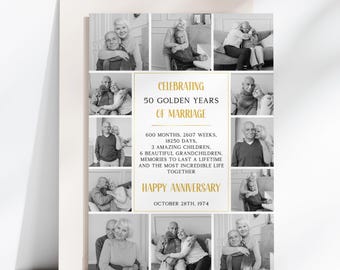 50 Golden Years Anniversary Card Template, Editable 50th Anniversary Collage, Printable Anniversary Party Decor, Gift For Parents, 1974 Card