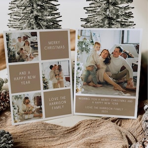 Modèle de carte de Noël minimaliste, carte de vœux photo avec carreaux, carte de joyeux Noël et bonne année, collage d'images minimal, toile