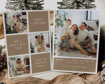 Minimalist Christmas Card Template, Photo Holiday Card With Tiles, Merry Christmas And Happy New Year Card, Minimal Picture Collage, Canva