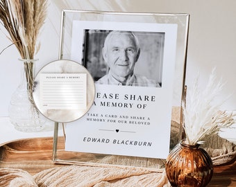 Minimal Share A Memory Table Sign, In Loving Memory, Editable Memorial Cards, Printable Funeral Template, Simple Celebration Of Life, #F43