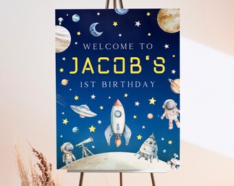 Space Welcome Sign Template For Kids Birthday Party, Galaxy Themed Poster, First Birthday Boy Astronaut Banner, Cosmic Entrance Sign, CB4