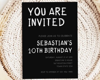 Minimal Birthday Party Invitation Template, Black And White Invite, Simple Party Invitation For Kids, All Age Invite, Instant Download, CB26