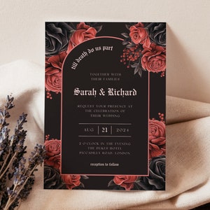 Gothic-Hochzeitseinladungsvorlage, druckbare Halloween-Eheeinladung, Save-the-Dates-Karte, Brautveranstaltung, schwarze und rote Ankündigung, CW23