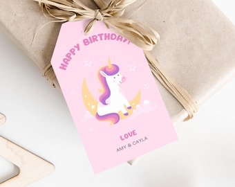 Editable Unicorn Birthday Favor Tags, Girls Happy Birthday Gift Tags, Personalized Party Labels For Kids Birthday, Instant Download, Canva