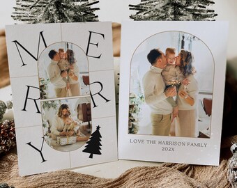 Editable Merry Christmas Card Template, Christmas Tree Festive Card, Holiday Photo Card Template, Arch Christmas Card With Greetings