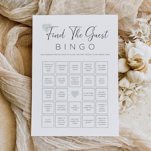 Finden Sie den Gast Bingo Hochzeitsspiele druckbare Vorlage, Salbei grün Brautdusche Gefälligkeiten, Boho Tischaktivität, lustige Gäste Eisbrecher, CW12