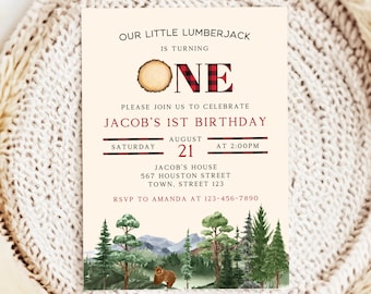 Our Little Lumberjack 1st Birthday Invitation, Editable Woodland Party Invite, Camping Birthday Invitation Template, Instant Download, CB15