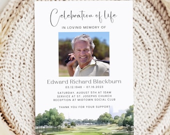 Golfing Funeral Announcement For Man, Outdoors Memorial Invitation, Golf Funeral, Celebration Of Life Card, In Loving Memory, Ceremony, CF67