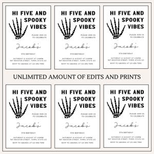 May include: Six printable invitations for a 5th birthday party with a spooky theme. The invitations feature a black skeleton hand graphic and the text "Hi Five and Spooky Vibes". The invitations are for Jacob's 5th birthday party on Saturday, August 21st at 2:00 PM. The address and RSVP information are included.