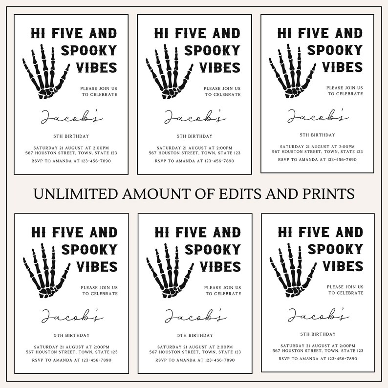 May include: Six printable invitations for a 5th birthday party with a spooky theme. The invitations feature a black skeleton hand graphic and the text "Hi Five and Spooky Vibes". The invitations are for Jacob's 5th birthday party on Saturday, August 21st at 2:00 PM. The address and RSVP information are included.