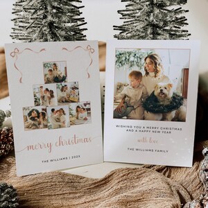 Schleife Weihnachtsbaum Collage Vorlage, bearbeitbare festliche Karte, doppelseitige Feiertagsfotokarte, personalisierte Collage, Minimal, Roségold, Canva
