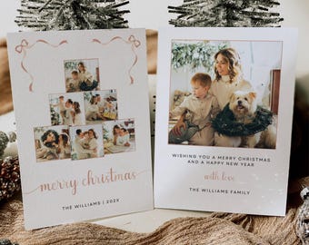 Bow Christmas Tree Collage Template, Editable Festive Card, Two Sided Holiday Photo Card, Personalized Collage, Minimal, Rose Gold, Canva