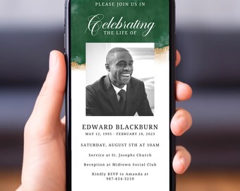 Emerald Green Funeral Invite, Electronic Memorial Invitation, Editable Photo Announcement, Digital Obituary Template, Funeral Evite Card