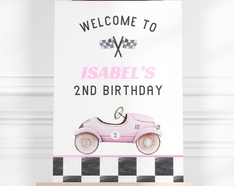 Vintage Race Car Birthday Welcome Sign Template, Two Fast Birthday, Editable Girls Racing Poster, Any Age Poster, Pink Car Party Decor, CB13