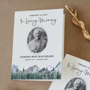 Funeral Program For Man, Order Of Service, Obituary Template, Rustic, Mountains, In Loving Memory Memorial Brochure, Edit In Canva, Booklet