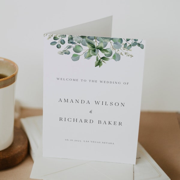 Eucalyptus Wedding Program Template, Floral Order Of Service Booklet, Greenery Ceremony Brochure, Minimalist Wedding Party Leaflet, 5x7