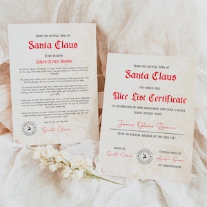 Carta de Papá Noel para imprimir y certificado de lista de buenos deseos, carta personalizada de Papá Noel, plantilla de carta navideña editable, descarga instantánea, SL