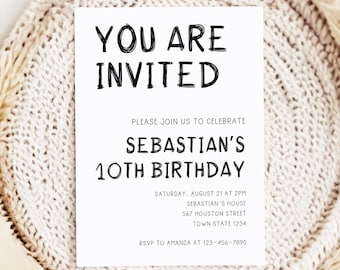 Minimal Birthday Party Invitation Template, Black And White Invite, Simple Party Invitation For Kids, All Age Invite, Instant Download, CB26