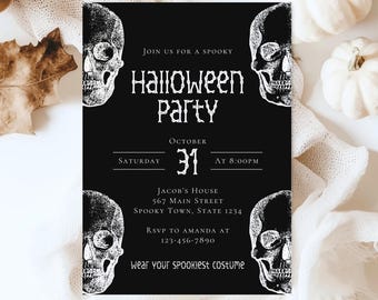 Adult Halloween Party Invitation Template, Minimal Skull Invite, Editable Costume Party Invitation, Skull Halloween Invite, Spooky, HW23