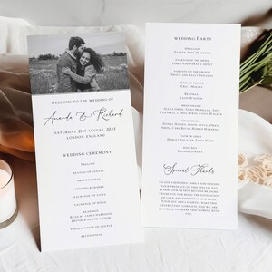 May include: A wedding ceremony programme with a black and white photograph of the couple on the front. The programme lists the wedding party, the wedding ceremony order, and special thanks.