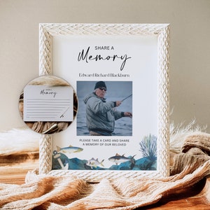 Funeral de pesca comparte un cartel y una tarjeta de memoria, plantilla de obituario para un hombre, celebración de la vida de los pescadores, señalización del servicio conmemorativo, foto, CF32