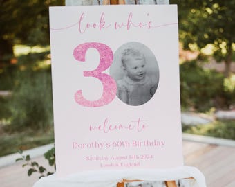 Blush 30th Birthday Welcome Sign, Look Who's Thirty, Happy Birthday Poster, Pink Birthday, Party Decorations, Printable Birthday Board