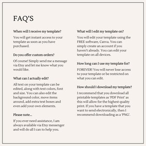 May include: A white background with black text answering frequently asked questions about a digital template. The text includes questions like "When will I receive my template?" and "What will I edit my template on?"
