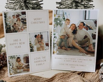 Minimalist Christmas Card Template, Photo Holiday Card With Tiles, Merry Christmas And Happy New Year Card, Minimal Picture Collage, Canva