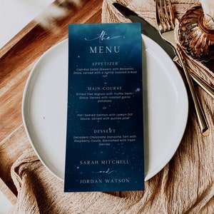 Modelo de menu de casamento de noite estrelada, lista de jantar celestial azul, papel de carta de noiva editável, lua, estrelas, perfeito para recepção com tema de galáxia