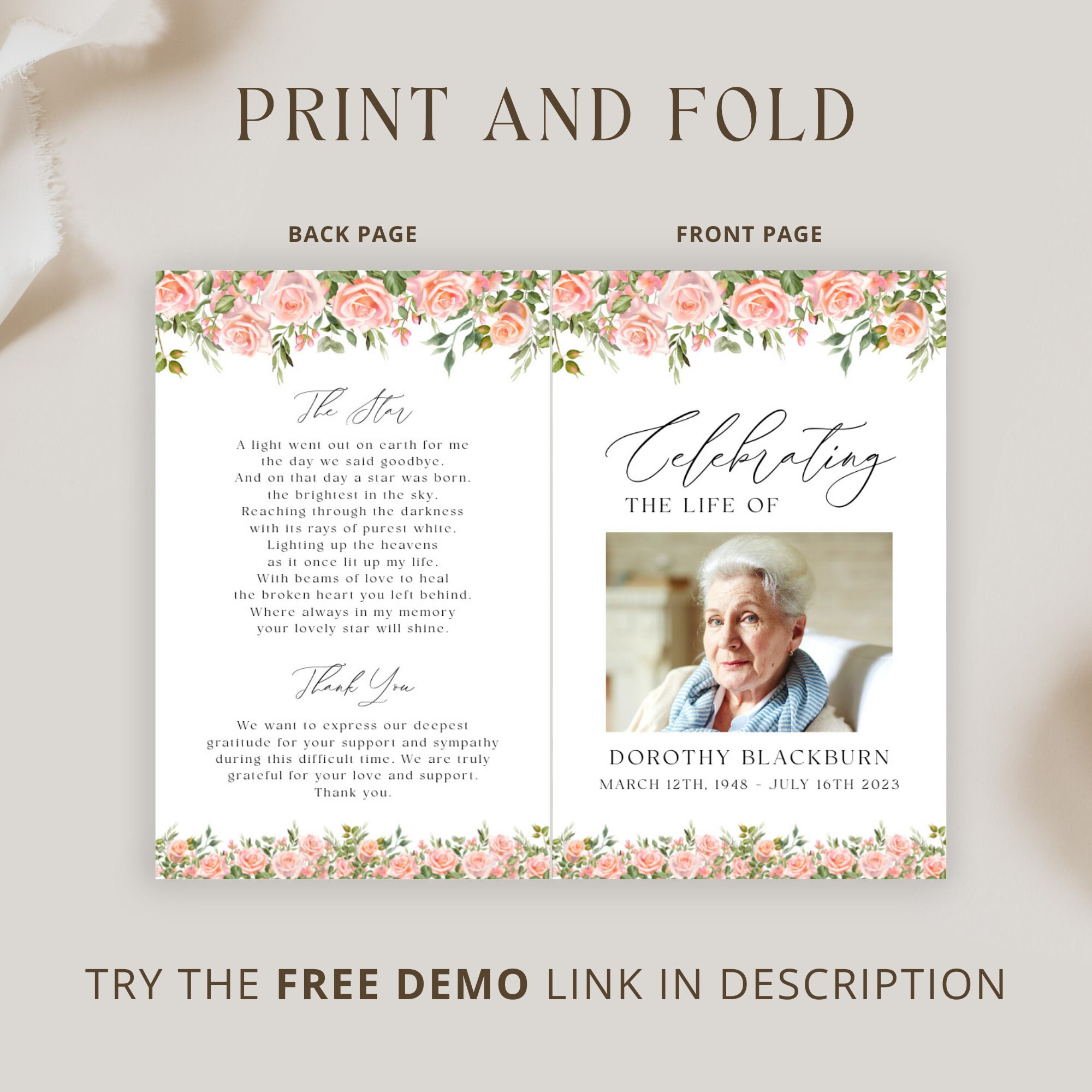 Sample Funeral Programs With Roses Floral Funeral Program Template Pink Peony Order of Service Booklet ...