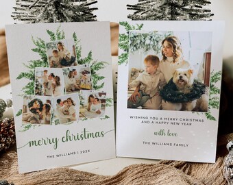 Christmas Tree Collage Template, Editable Festive Card, Two Sided Holiday Photo Card, Personalized Collage Card, Instant Download, Canva
