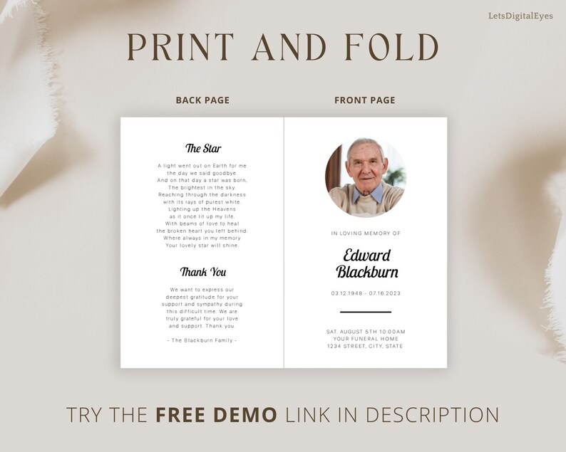 Basic Funeral Program Template Simple Memorial Service Etsy