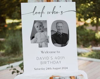 40th Birthday Poster For Man, Minimal Look Who's Forty Welcome Sign, Editable Photo Board, Modern Party Decor, Celebration Signage