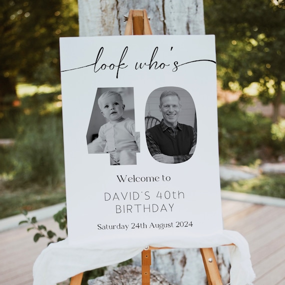 40th Birthday Poster For Man, Minimal Look Who's Forty Welcome Sign, Editable Photo Board, Modern Party Decor, Celebration Signage