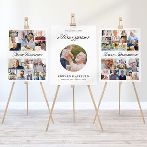 May include: Three white posters on wooden easels with a collage of photos of a man. The center poster has a photo of the man holding a young child. The text on the posters reads "Never Forgotten", "In Loving Memory", "Edward Blackburn", "March 12, 1950 - July 21, 2024", and "Always Remembered".