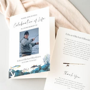 Plantilla de programa funerario de pesca para hombre, folleto de servicio conmemorativo, azul profundo, orden del servicio, plegado en memoria amorosa, folleto de ceremonia