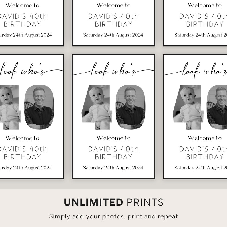 May include: Three black and white printable signs with the text "Look who's 40" and a photo of a child and an adult. The text "Welcome to David's 40th Birthday" is below the photo. The date "Saturday 24th August 2024" is below the text. The text "Unlimited Prints" is below the signs. The text "Simply add your photos, print and repeat" is below the text.