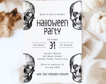 Adult Halloween Party Invitation Template, Minimal Skull Invite, Editable Costume Party Invitation, Skull Halloween Invite, Spooky, HW23