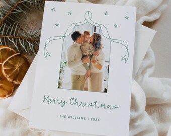 Minimal Bow Christmas Card Template With Photo, Cute Merry Christmas Card, Minimalist Winter Holiday, Editable Canva Template, 5x7, A5