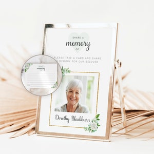 Greenery Share A Memory Card & Sign Template For Funeral, Framed Memorial Poster With Photo, In Loving Memory Sign, Keepsake Funeral, #F54