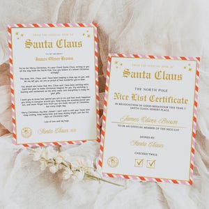 Plantilla de certificado de carta de Papá Noel y lista de buenos amigos, carta navideña con bastón de caramelo a rayas, carta personalizada para Papá Noel, imprimible en Canva, SL