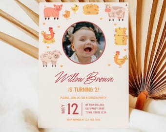 Farm Birthday Invitation, Barnyard Party Invite, Editable Toddler Birthday, Cute Farm Animals, Rustic Country Theme, Instant Download, CB40