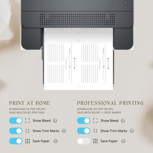 May include: A digital illustration of a printer with a blank recipe card template inside. The image shows options for printing at home or professionally, including bleed, trim marks, and save paper settings.