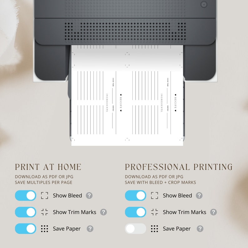May include: A digital illustration of a printer with a blank recipe card template inside. The image shows options for printing at home or professionally, including bleed, trim marks, and save paper settings.