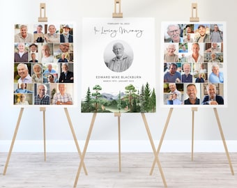 Hunting Memorial Collage Poster, Set Of 3 Funeral Signs, Outdoors Celebration Of Life, Forest Obituary Sign Template, Instant Download, CF80
