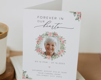 Floral Funeral Order Of Service, Feminine Funeral Program Template, Woman Memorial Booklet, Photo Ceremony, Custom Obituary Pamphlet, #F49