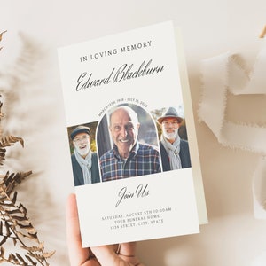 May include: A memorial card with the text "IN LOVING MEMORY" and the name "Edward Blackburn". The card includes three photos of the deceased and the text "Join Us". The card's date of birth is March 12th, 1948 and date of death is July 16, 2023.
