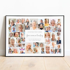 May include: A black framed collage of photos featuring a variety of older adults. The collage is made up of 36 individual photos, each with a different person. The photos are arranged in a grid pattern, and the frame is black. The text "CUSTOM TEXT HERE Your name or heading You can add additional text here, or delete this block" is printed on the collage.