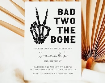 Editable Bad Two The Bone 2nd Birthday Invitation, Halloween Birthday Party, Fall Party, Skeleton Peace Sign Invite, Instant Download, CB14